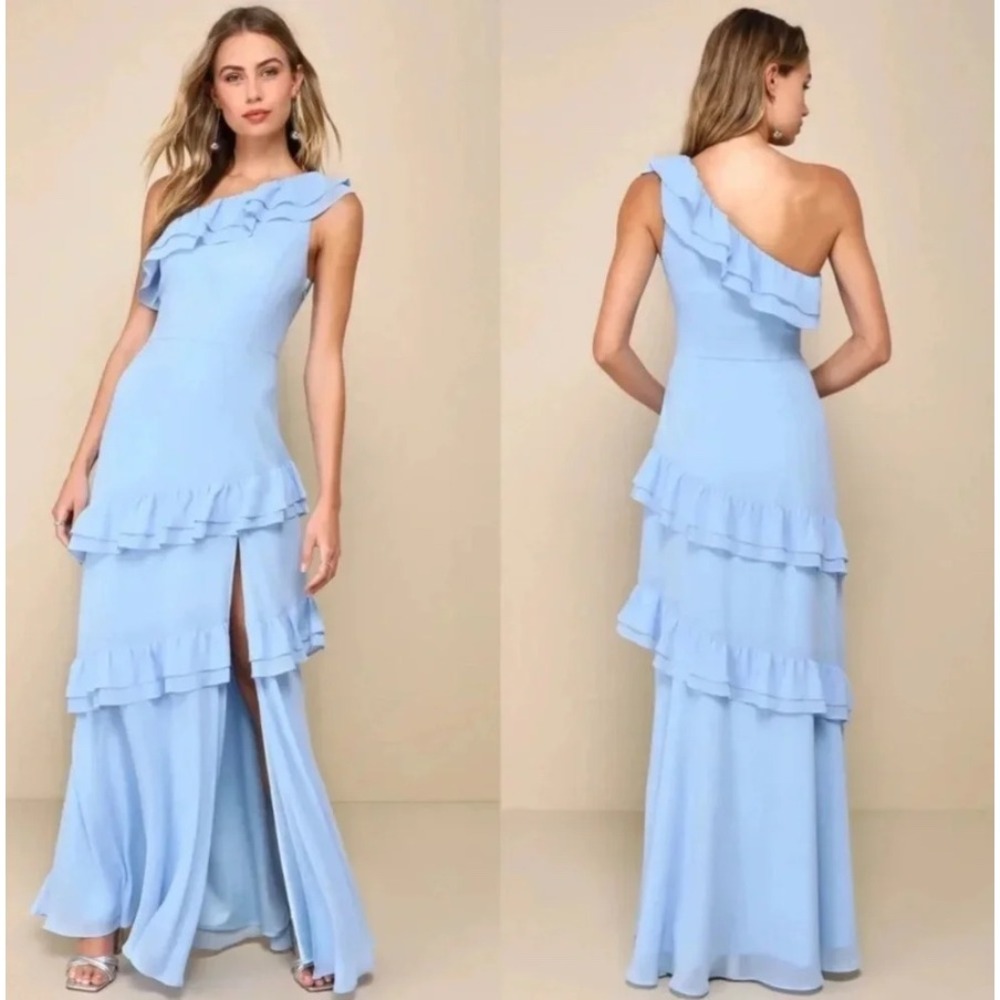 Lulus Light Blue One Shoulder Ruffle Tiered Maxi Dress XS New